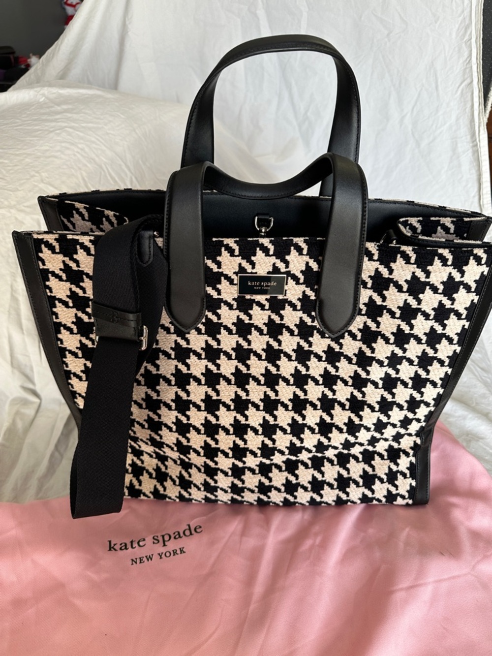 kate spade Black and White Houndstooth Tote with Removable Strap